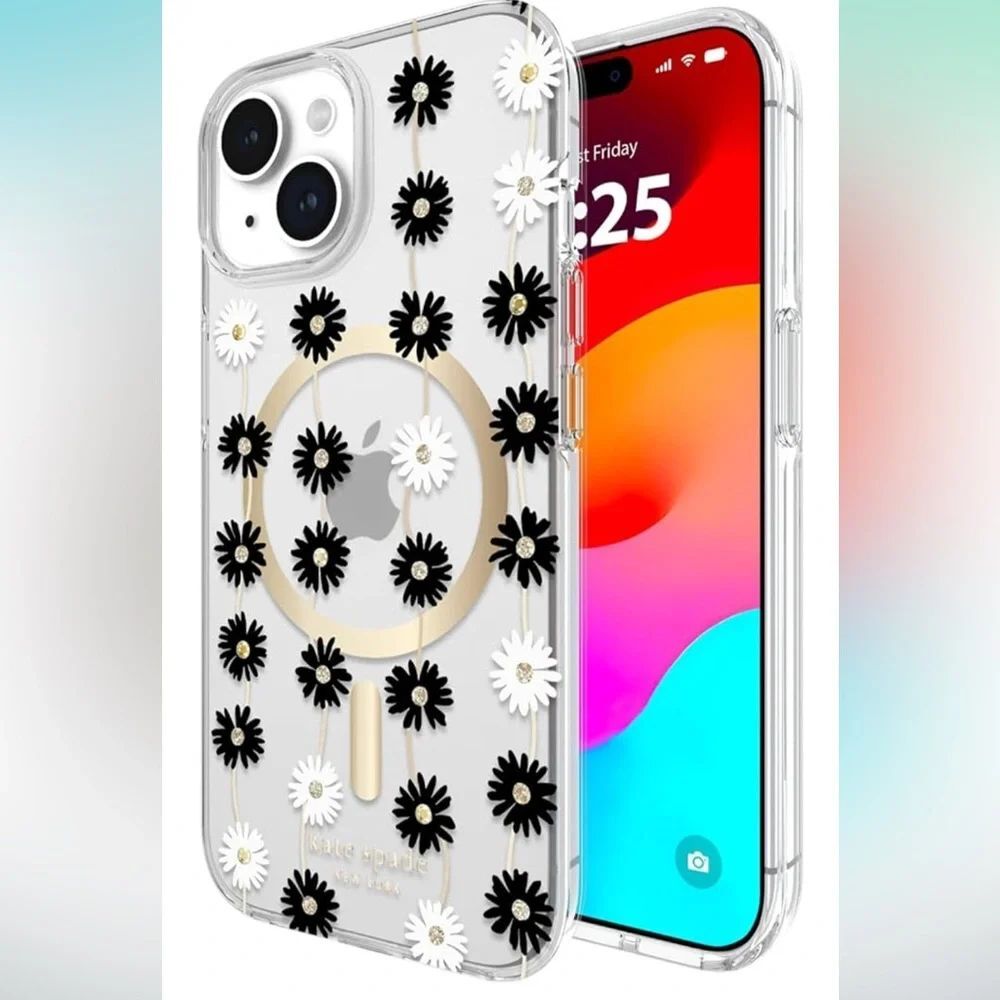 KATE SPADE NEW YORK iPhone CASE FOR 15 PRO THIS CASE CLEAR w/BLK & WHITE DAISY
